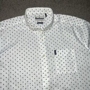Barbour Shirt Mens Large White Button Up Short Sleeve Collared Sailboat Adult